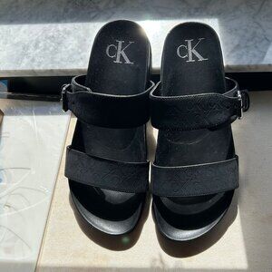 Women's Calvin Klein Double-Band Flat Slip-On Sandals - Black Logo - Size 8M